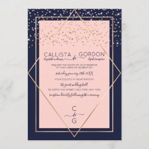 Navy Pink Gold Confetti Geo Border Wedding Invitation