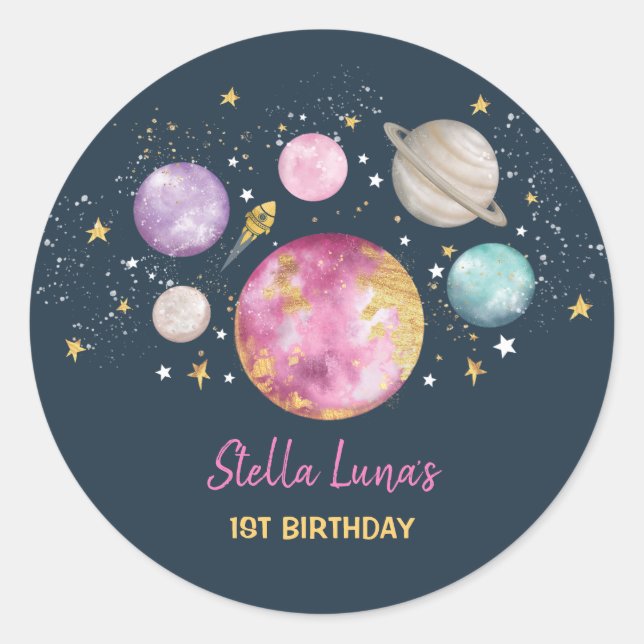 Navy Pink Gold Outer Space Girls Birthday Party Classic Round Sticker (Front)