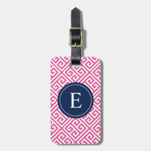 Navy & Pink Greek Key   Luggage Tag