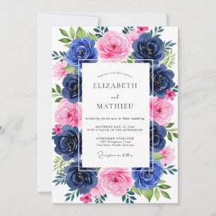 Navy Pink Lush Summer Wedding Invitation