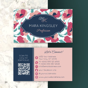 Navy Pink Modern Poppy Pattern Monogram Business Card