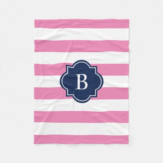 Navy & Pink Monogram Stripe | Fleece Blanket (Front)