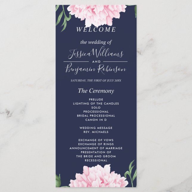 Navy Pink Peony Watercolor Wedding Program (Front)