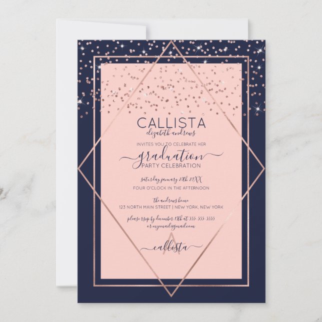 Navy Pink Rose Gold Confetti Border Graduation Invitation (Front)