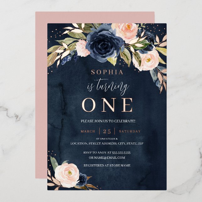 Navy Pink Rose Gold Floral Girl 1st Birthday  (Front/Back)