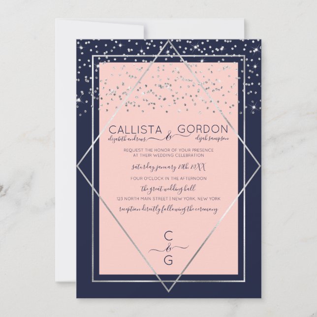 Navy Pink Silver Confetti Geo Border Wedding Invitation (Front)