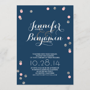 Navy Pink & Silver Confetti Modern Wedding Invite