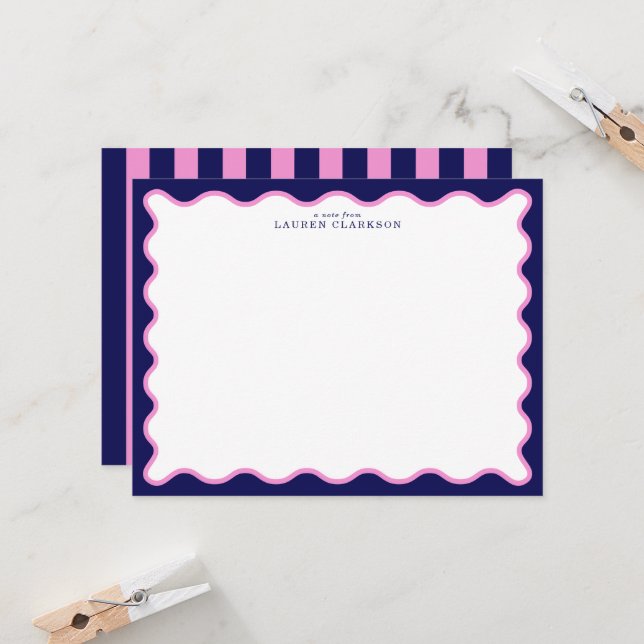 Navy Pink Striped Wavy Frame Note Card (Front/Back In Situ)