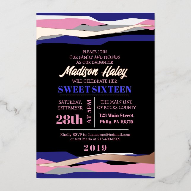 Navy Pink Sweet Sixteen 16 Invitation Rose Gold (Front)