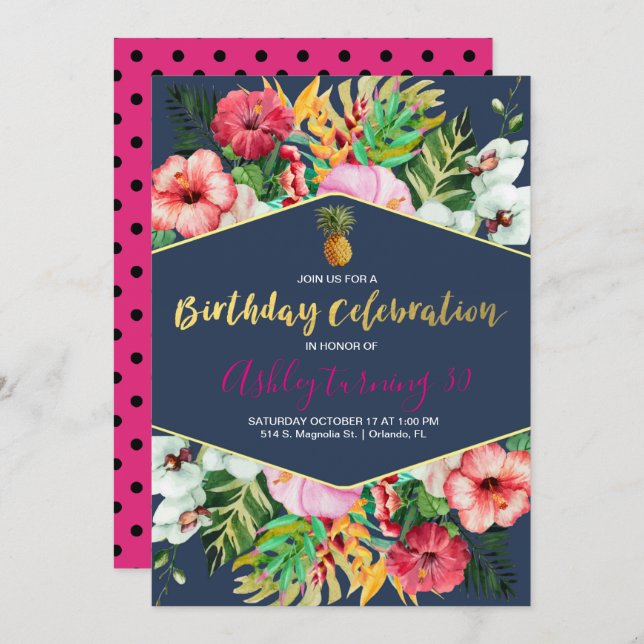 Navy & Pink Tropical Birthday Invitation (Front/Back)