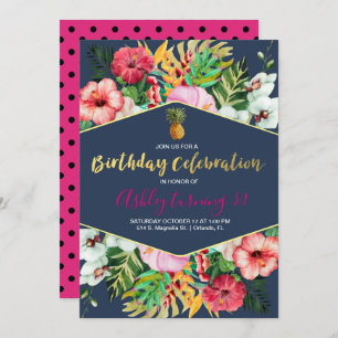 Navy & Pink Tropical Birthday Invitation