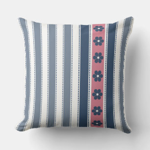 Navy Pink Vertical Stripes Floral Throw Pillow