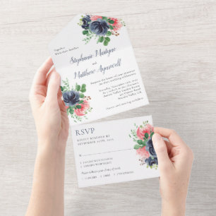 Navy Pink Watercolor Floral Wedding All In One Invitation