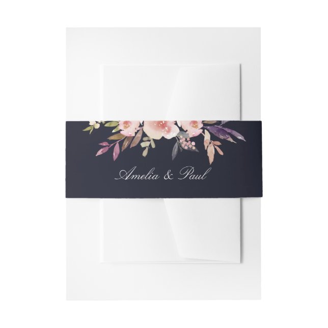 Navy Pink Watercolor Peonies Invitation Belly Band (Front Example)