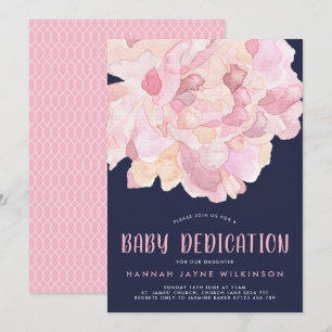 Navy & Pink Watercolor Peony Baby Dedication Invitation