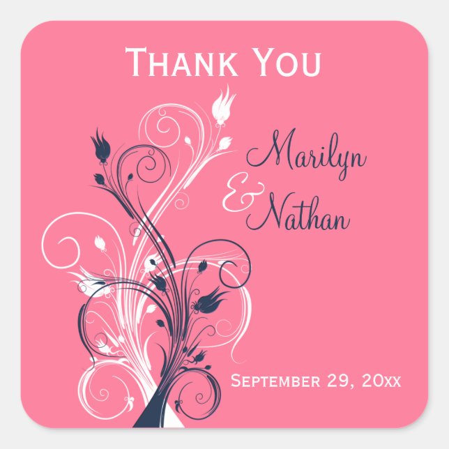 Navy Pink White Floral 1.5" Wedding Sticker (Front)