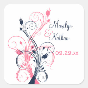 Navy Pink White Floral 1.5" Wedding Sticker