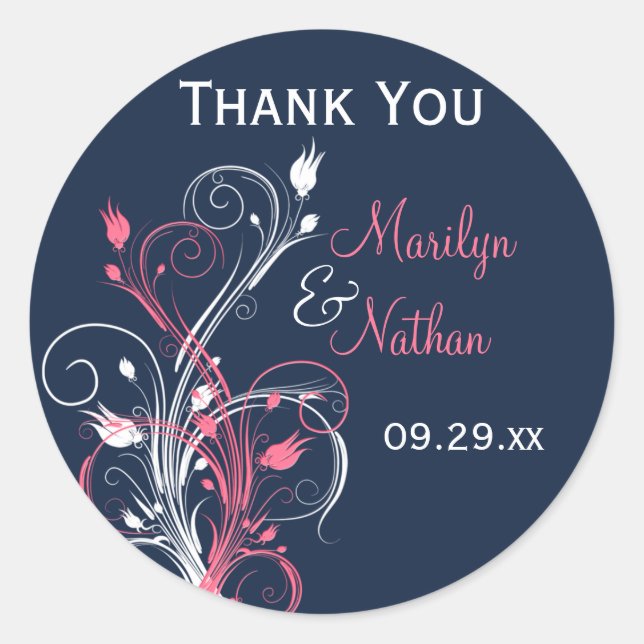 Navy Pink White Floral 1.5" Wedding Sticker (Front)