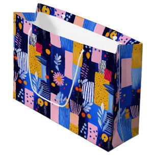 Navy Pink Yellow Geometric Botanical Large Gift Bag