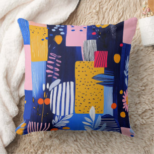 Navy Pink Yellow Geometric Botanical Throw Pillow