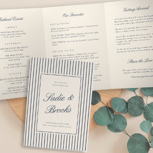 Navy Pinstripe Wedding Welcome Letter & Itinerary Tri-Fold Programme