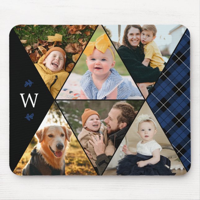Navy Plaid Geometric Photo Collage Monogram Mouse Pad (Front)