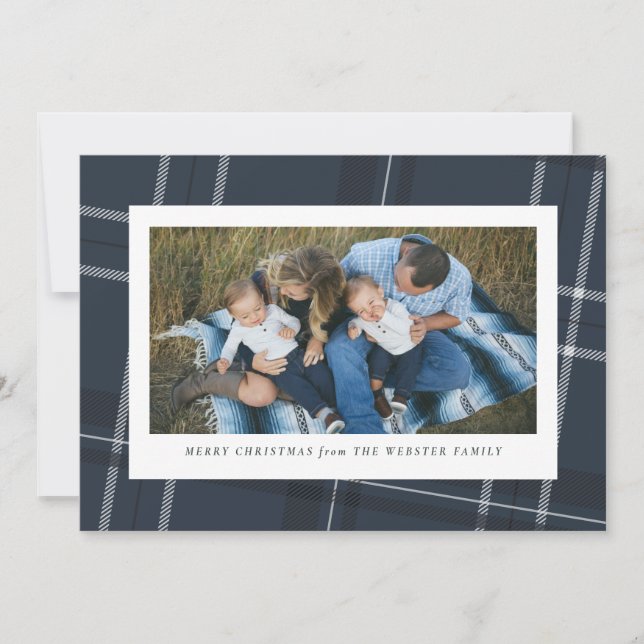 Navy plaid holiday photo card (Front)