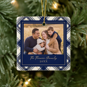 Navy Plaid Merry Christmas Family Photo Ceramic Ornament