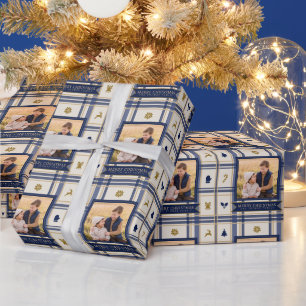 Navy Plaid Merry Christmas Family Photo Wrapping Paper
