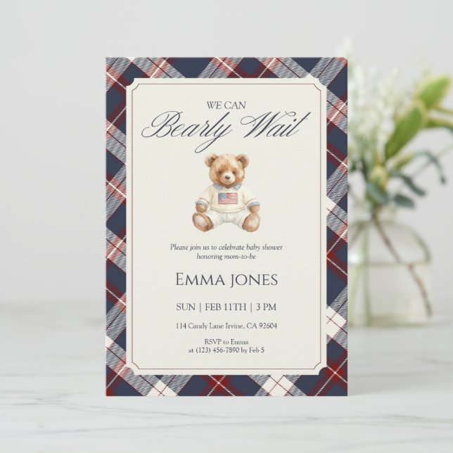 Navy Plaid Teddy Bear Baby Shower Invitation (Standing Front)