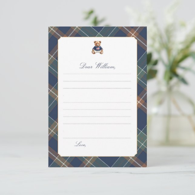Navy Plaid Teddy Bear Time Capsule Card (Standing Front)