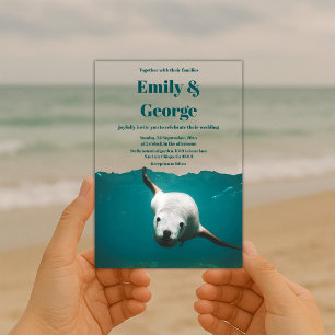 Navy Playful Sea Lion Beach Ocean Coastal Wedding Acrylic Invitations