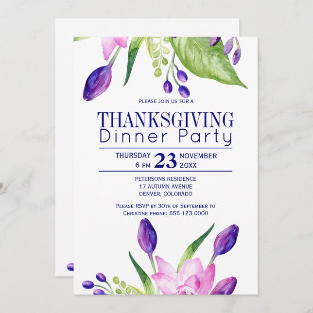 Navy plum classy elegant floral thanksgiving party invitation (Front/Back)