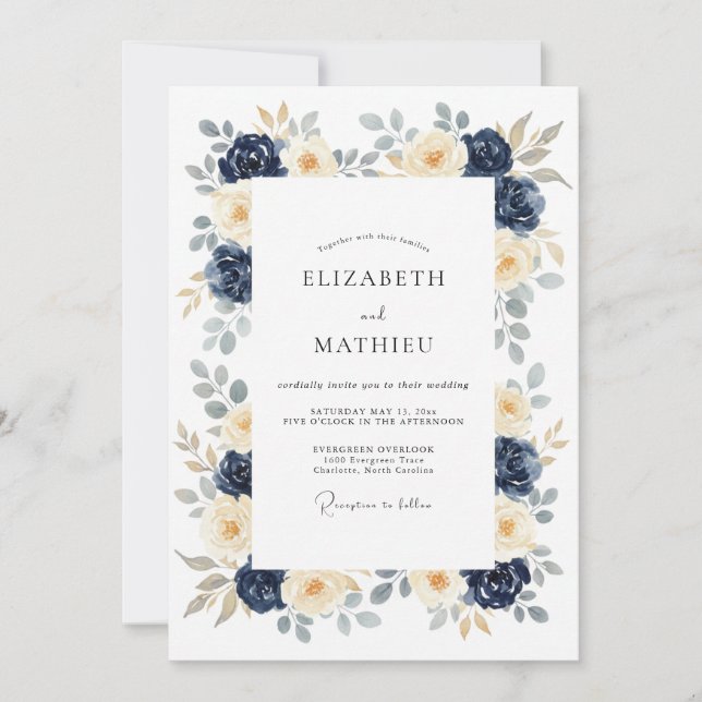 Navy Polished Botanical Wedding Invitation (Front)