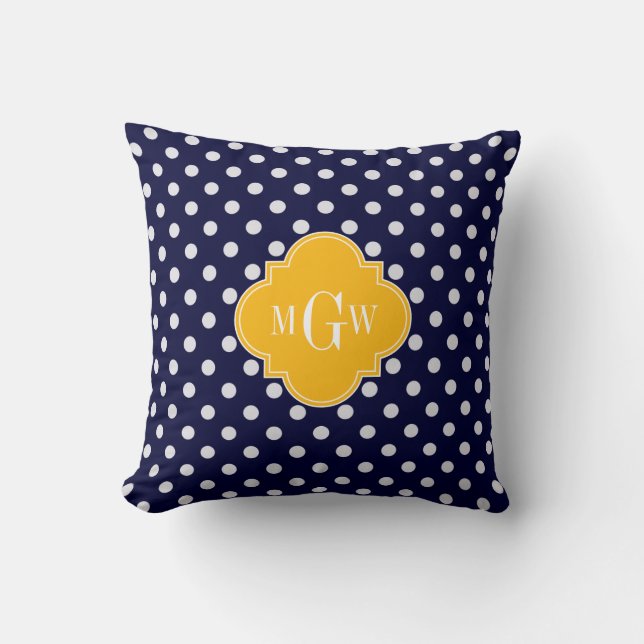 Navy Polka Dot Goldenrod Quatrefoil 3 Monogram Throw Pillow (Front)