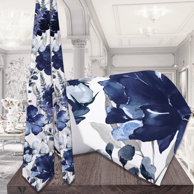 Navy Poppy & Peony Garden Wedding Neck Tie (Creator Uploaded)