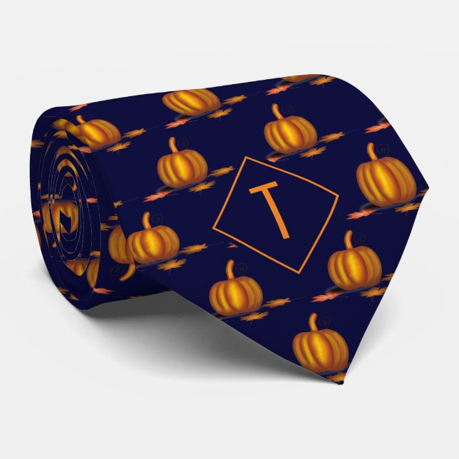 Navy Pumpkin Monogram Tie (Rolled)