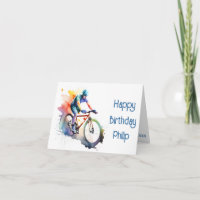 Navy, purple and orange cyclist Birthday Card