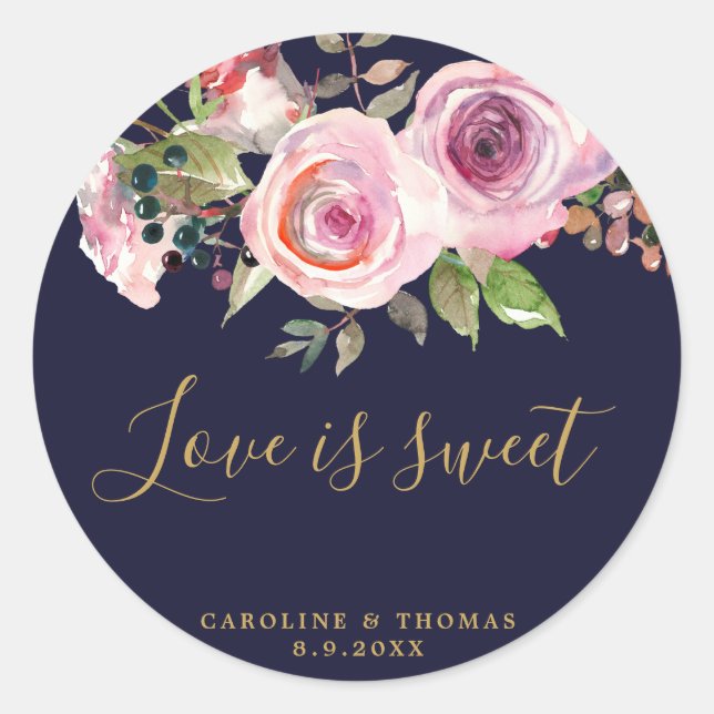 navy purple floral wedding love is sweet sticker (Front)