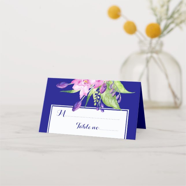 Navy purple plum floral wedding table place card (Front)