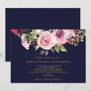 navy purple roses floral wedding invitation