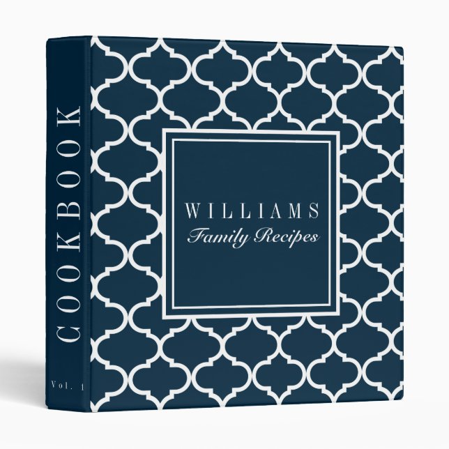Navy Quatrefoil Family Recipe Cookbook Binder (Front/Spine)