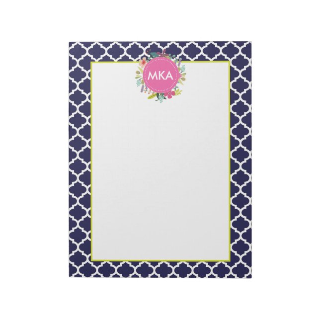 Navy Quatrefoil Floral Large Personalized Notepad (Rotated)