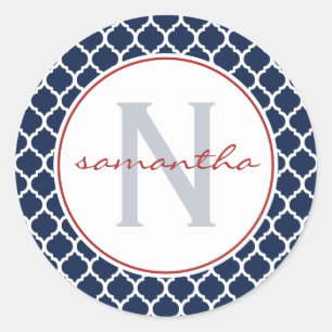 Navy Quatrefoil Monogram Classic Round Sticker