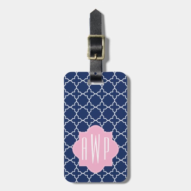 Navy Quatrefoil & Pink Monogram Luggage Tag (Front Vertical)