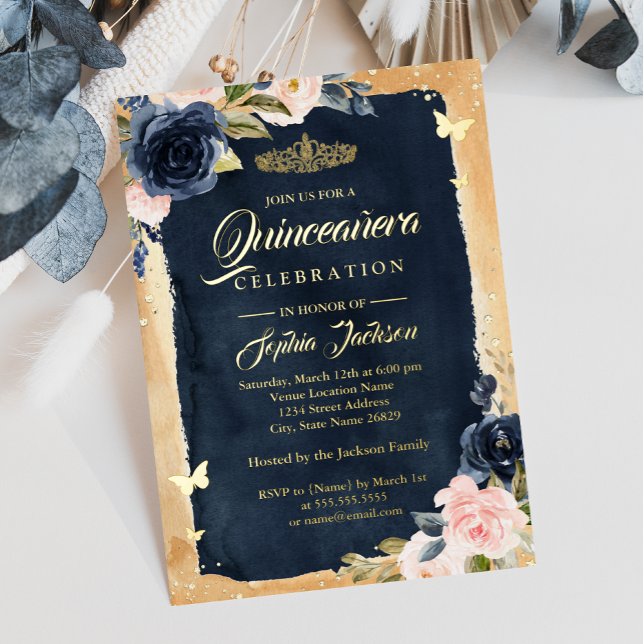 Navy Quinceanera Floral Sparkle Gold Tiara (Creator Uploaded)