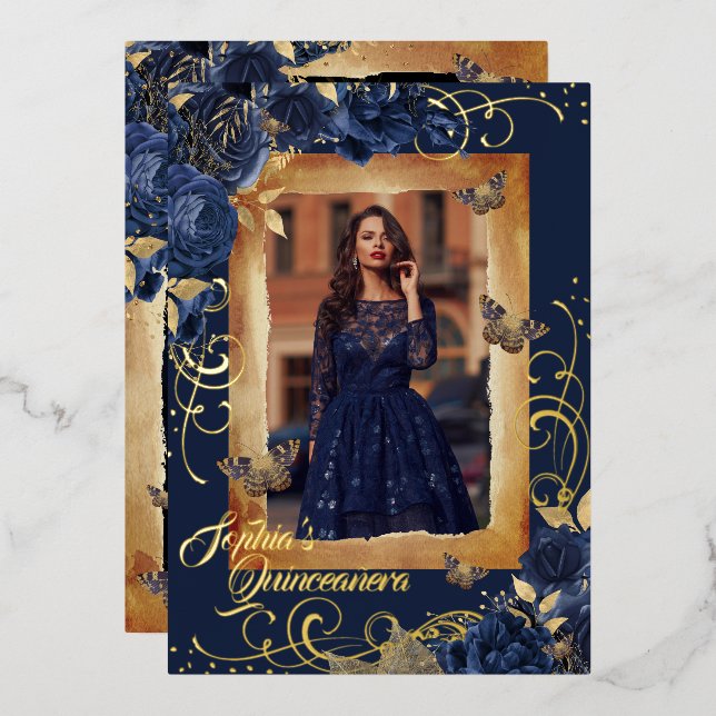 Navy Quinceanera Photo Rose Gold Butterfly  (Front/Back)
