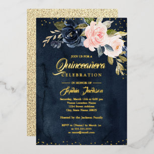 NAVY REAL GOLD FOIL Blush Pink Floral Quinceanera