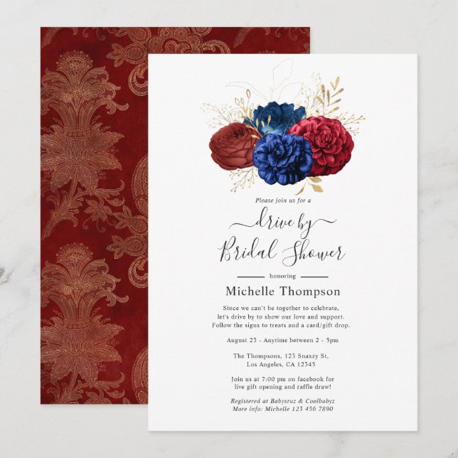 Navy, Red and Gold Floral Drive By Shower Invitation (Front/Back)