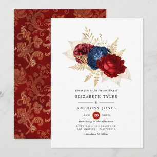 Navy, Red and Gold Floral Wedding Invitation